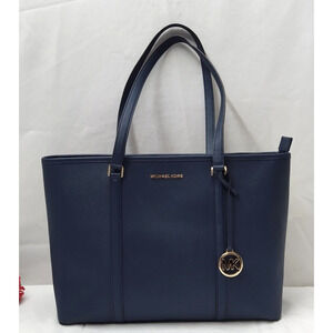 Michael Kors Navy Blue Leather Double Handles Zipper Closure Tote Shoulder Bag